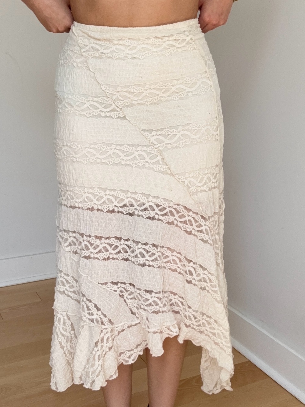 Asymmetrical Cream Lace Midi Skirt